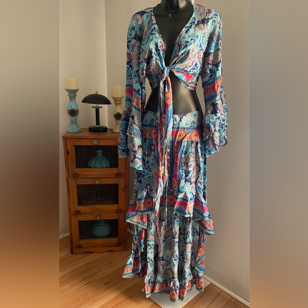 India Boutique Boho Bell Sleeve Front Tie Top and High Low Maxi Skirt Set.